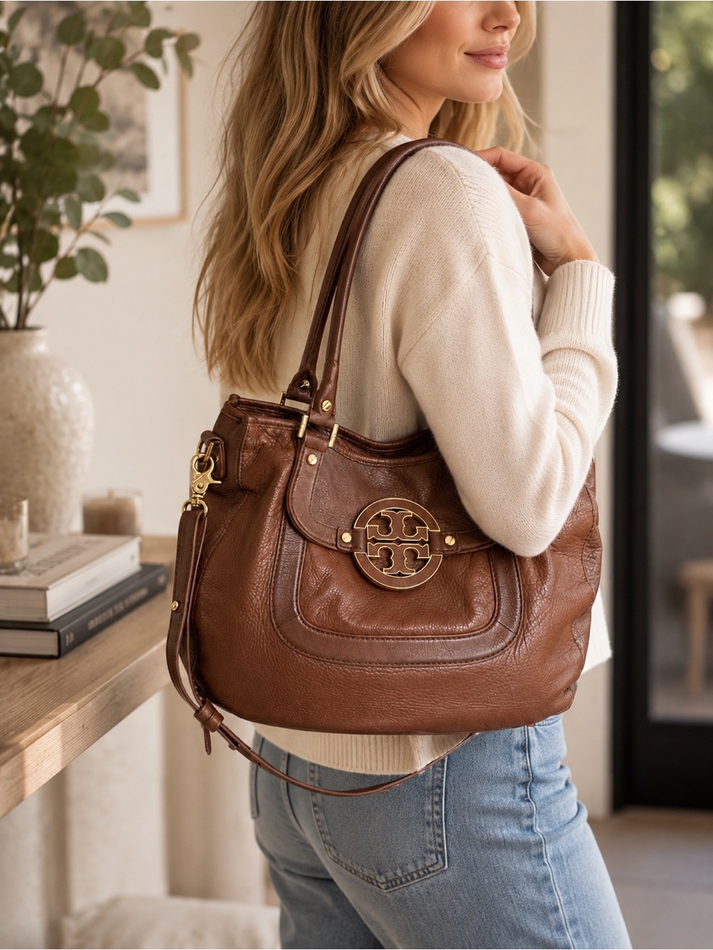 Tory Burch Amanda Brown Pebbled Leather Shoulder Tote Crossbody Bag - Picture 15 of 15